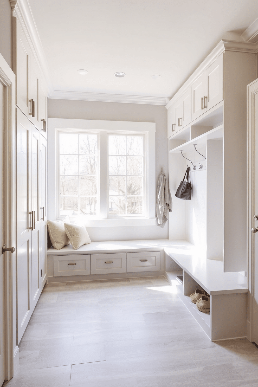 An L-shaped mudroom design features built-in cabinetry along two walls, maximizing storage and organization. The space includes a bench with plush cushions for comfort, while hooks above provide easy access for coats and bags. Natural light floods the room through a large window, illuminating the neutral color palette of soft grays and whites. Durable flooring, such as tile or luxury vinyl, complements the practical yet stylish design, making it easy to maintain.