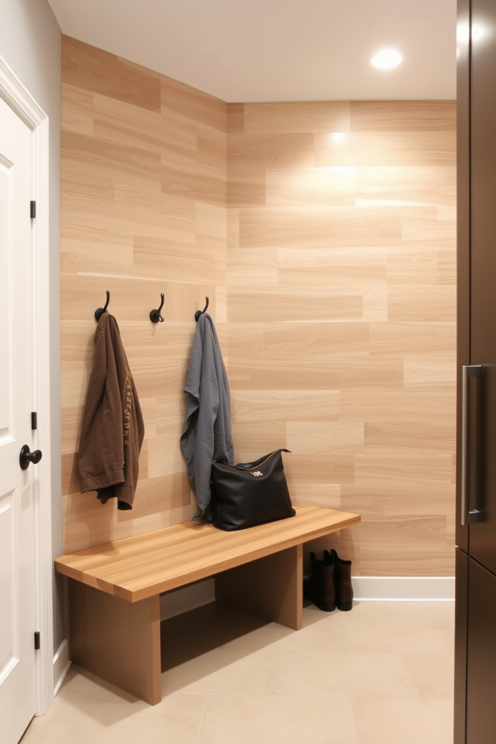 Textured wall paneling creates an inviting atmosphere, featuring a mix of natural wood grains and soft neutral tones. The design incorporates built-in storage benches and hooks for functionality, enhancing the overall aesthetic. Modern mudroom design ideas emphasize clean lines and efficient use of space. A combination of durable materials, such as tile flooring and sleek cabinetry, ensures both style and practicality for everyday use.