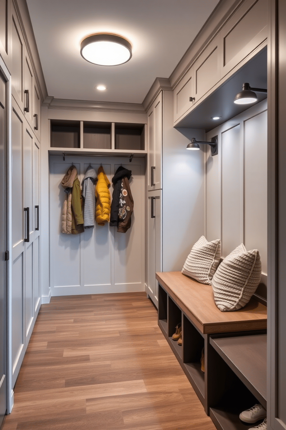 A modern mudroom features floor-to-ceiling storage solutions, seamlessly integrating cabinetry with a sleek design. The space includes a built-in bench with plush cushions, hooks for coats, and cubbies for shoes, all accented by a neutral color palette and stylish lighting.