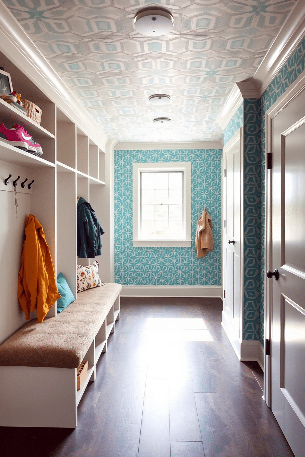 A modern mudroom features bold wallpaper with a geometric pattern that creates a striking focal point. The space includes built-in cubbies for storage, a bench with plush seating, and hooks for coats, all complemented by a durable, stylish floor. The color palette incorporates vibrant hues that harmonize with the wallpaper, creating an inviting atmosphere. Natural light floods the room through a large window, enhancing the cheerful and functional design.