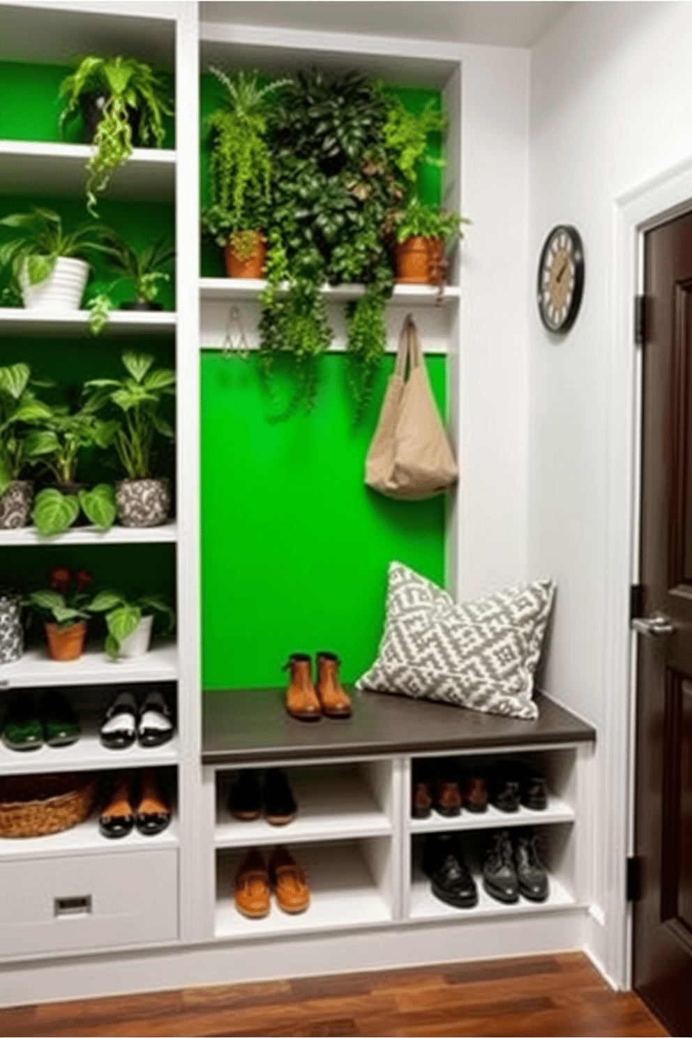 A modern mudroom featuring a sleek bench with built-in storage underneath, surrounded by open shelving for easy access to shoes and accessories. The walls are painted in a crisp white, complemented by a vibrant green accent wall filled with various indoor plants, creating a fresh and inviting atmosphere.