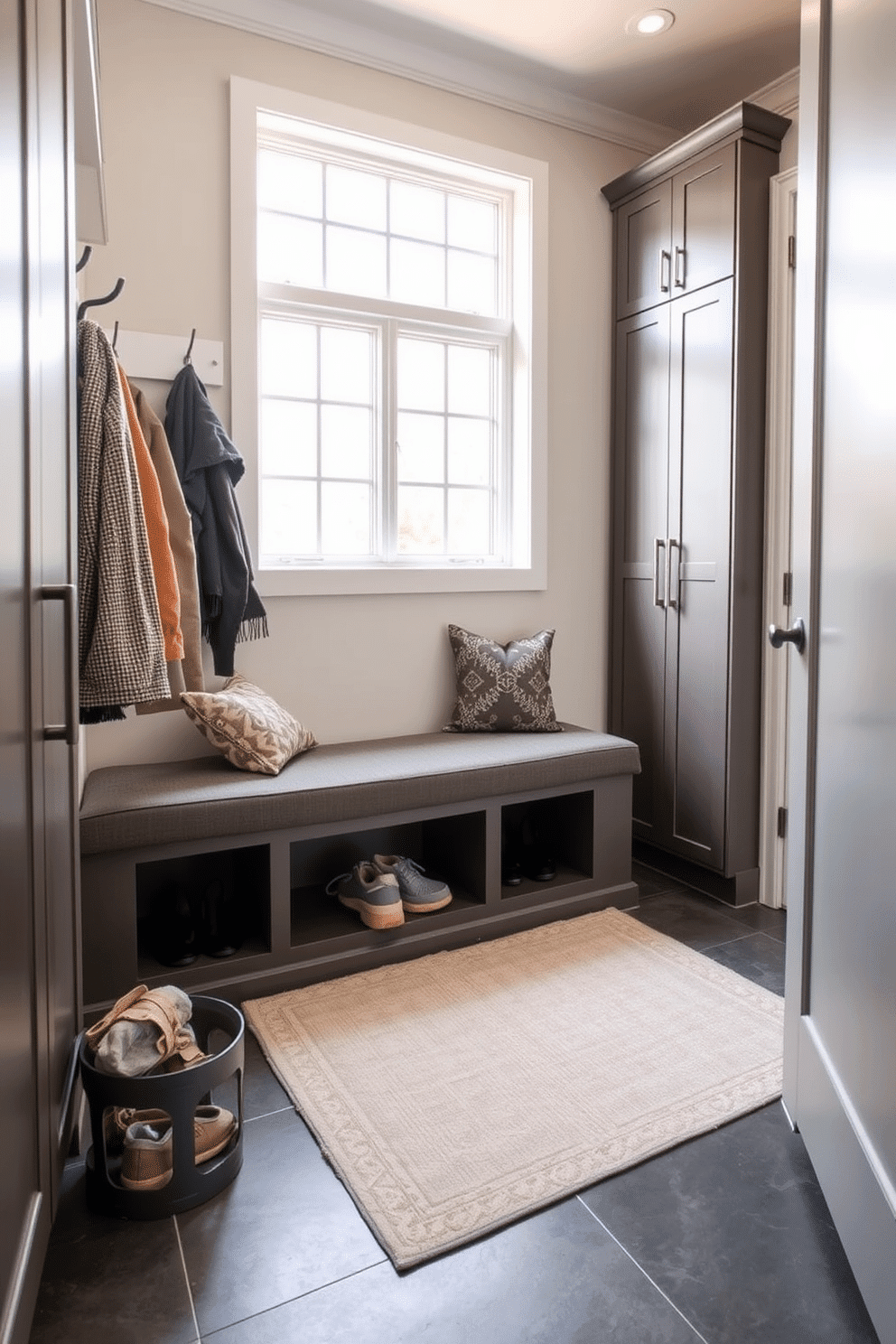 A modern mudroom features an integrated bench with ample shoe storage underneath, providing a functional yet stylish entryway solution. The bench is upholstered in a durable fabric, and the surrounding walls are adorned with hooks for coats and bags, creating an organized space. Natural light floods the room through a large window, highlighting the sleek cabinetry that complements the bench. The flooring is a combination of durable tiles and a cozy area rug, adding warmth to the contemporary design.