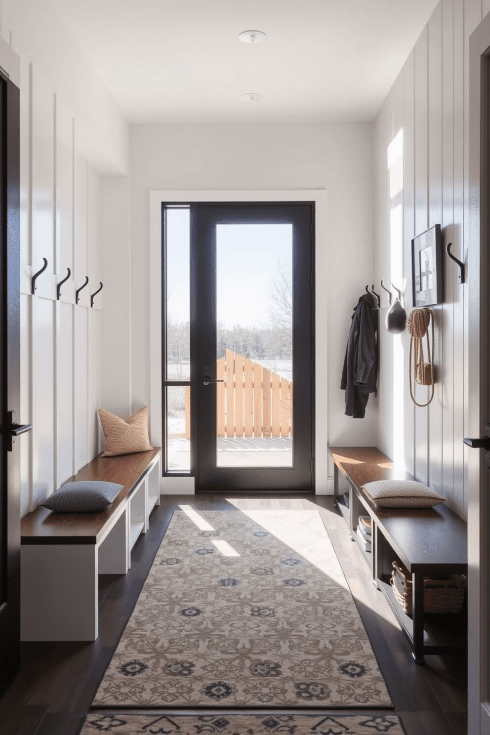 A modern mudroom featuring a glass door that allows ample natural light to flood the space. The room is designed with built-in storage benches, hooks for coats, and a stylish area rug that adds warmth and texture.