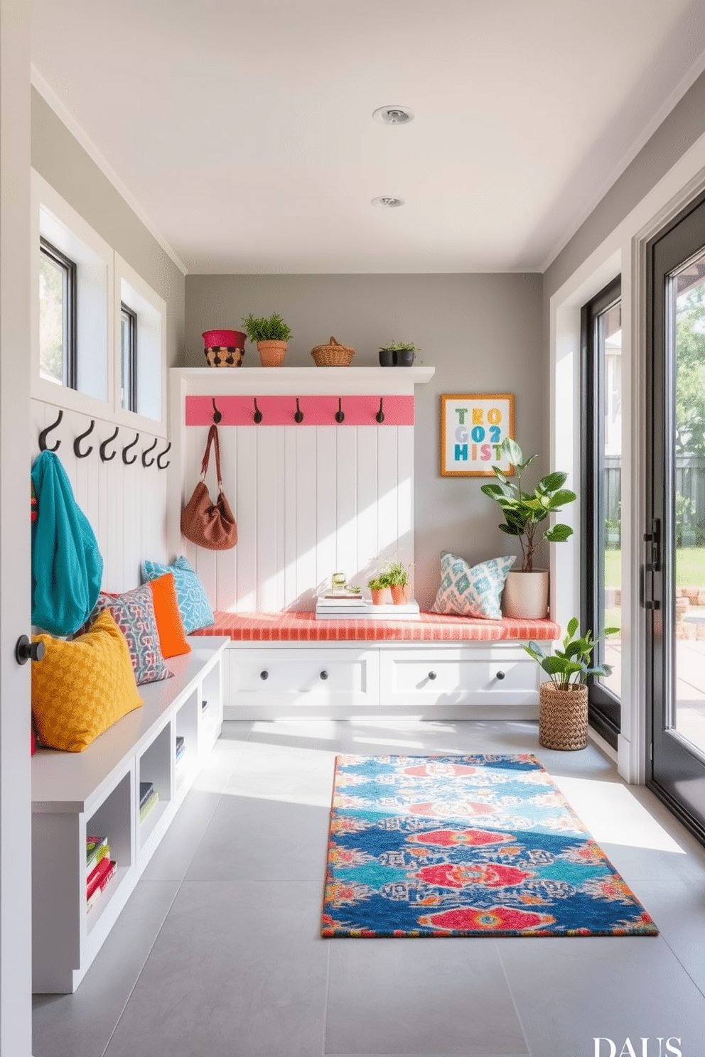 A modern mudroom featuring a neutral color palette with pops of color. The space includes built-in storage benches with vibrant cushions, and a wall of hooks in contrasting hues for coats and bags. The flooring is a light gray tile, complemented by a colorful area rug that adds warmth. Large windows allow natural light to fill the room, highlighting the playful decor elements like potted plants and artwork.