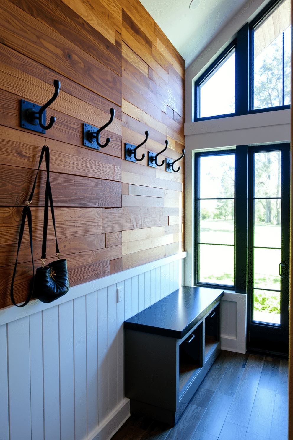 A modern mudroom features industrial-style hooks made of black metal, mounted on a reclaimed wood wall. The space is brightened by natural light streaming through a large window, illuminating a bench with built-in storage beneath it.