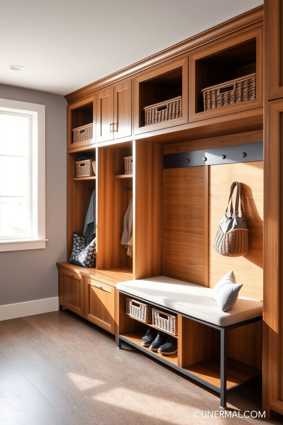 A modern mudroom features built-in cubbies designed for optimal organization, showcasing a sleek combination of wood and metal accents. The space is illuminated by natural light streaming through a large window, enhancing the warm tones of the cabinetry and the inviting atmosphere. The cubbies are adorned with stylish baskets for storing shoes and outdoor gear, while a comfortable bench provides a practical seating area for putting on and taking off footwear. The walls are painted in a soft gray hue, complemented by a durable, textured flooring that can withstand heavy foot traffic.