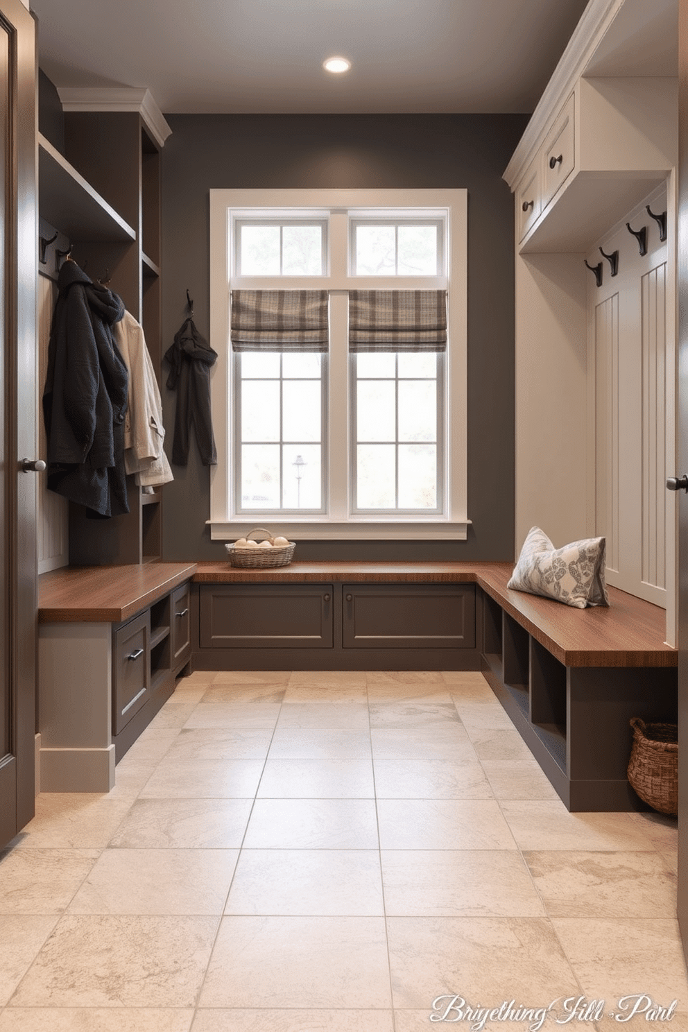 A modern mudroom features durable tile flooring that is easy to clean, providing a practical solution for high-traffic areas. The space is designed with built-in storage benches and hooks for coats, complemented by a stylish color palette that enhances functionality and aesthetics.