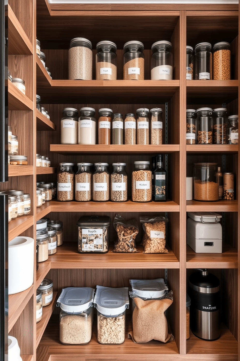 A modern pantry design featuring open shelving made of sleek wood, showcasing an array of glass containers for easy visibility. The shelves are organized with labeled jars filled with grains, spices, and snacks, creating a functional yet visually appealing storage solution.