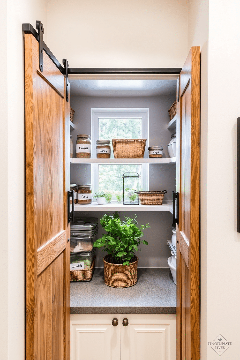 A compact pantry features sliding barn doors that add a rustic charm while maximizing space. Inside, sleek shelves are neatly organized with labeled jars and baskets, showcasing a blend of functionality and style. The walls are painted in a soft, neutral tone, enhancing the light from a small window above the countertop. A small herb garden sits on the windowsill, providing both greenery and fresh ingredients for cooking.