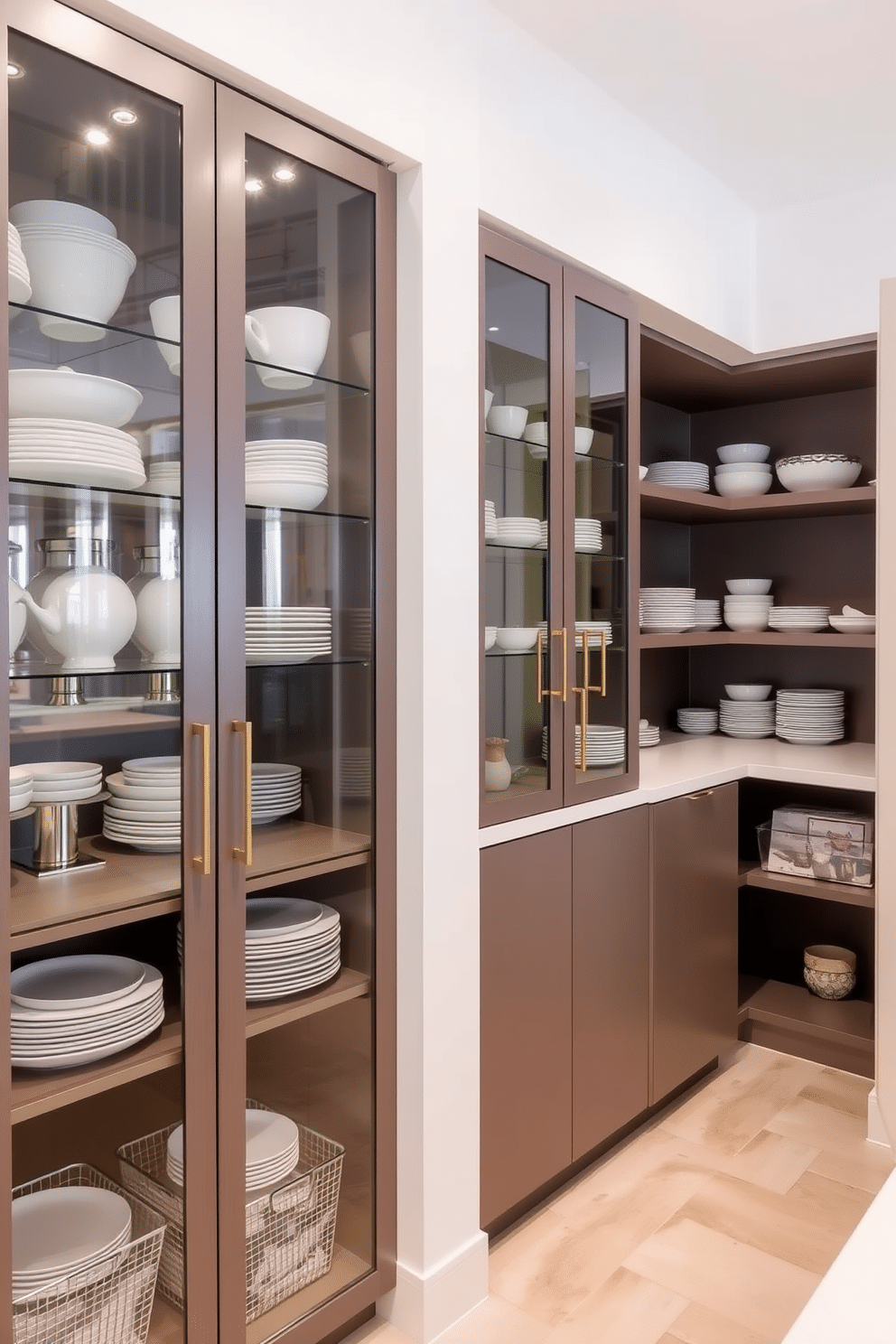 A modern pantry featuring sleek glass-front cabinets that elegantly display an array of dishware. The cabinets are complemented by a minimalist countertop and organized shelving, creating a functional yet stylish space.