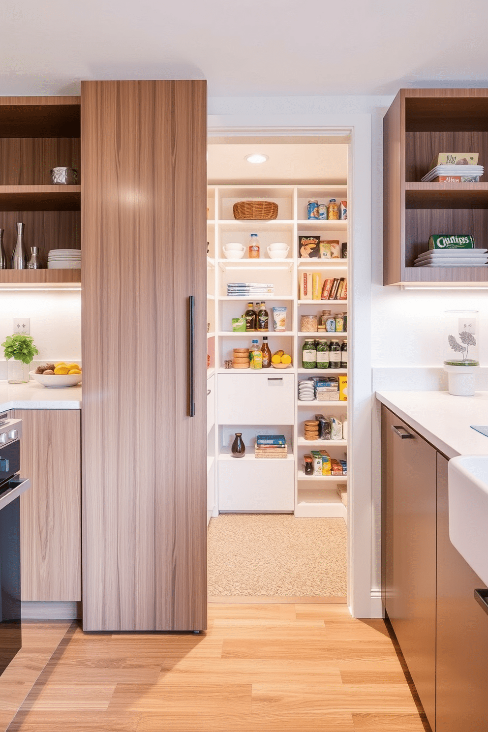 A modern pantry design featuring a hidden pantry behind a sleek cabinet door. The cabinetry is finished in a warm wood tone, seamlessly blending with the kitchen decor while providing ample storage space for groceries and kitchen essentials.