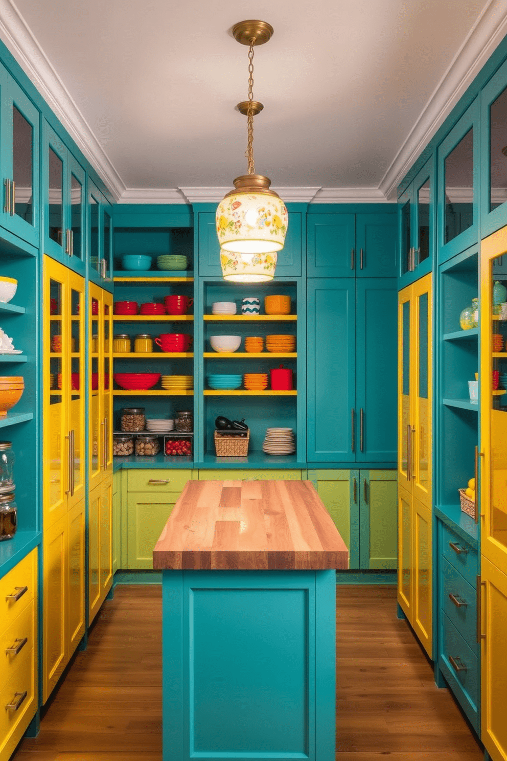 A modern pantry filled with vibrant colors. Brightly painted cabinets in shades of teal and yellow create a cheerful atmosphere, complemented by open shelving displaying colorful dishware and jars. The pantry features a spacious layout with a central island topped with a butcher block surface. Pendant lights with playful designs hang above, illuminating the space and adding to the lively vibe.