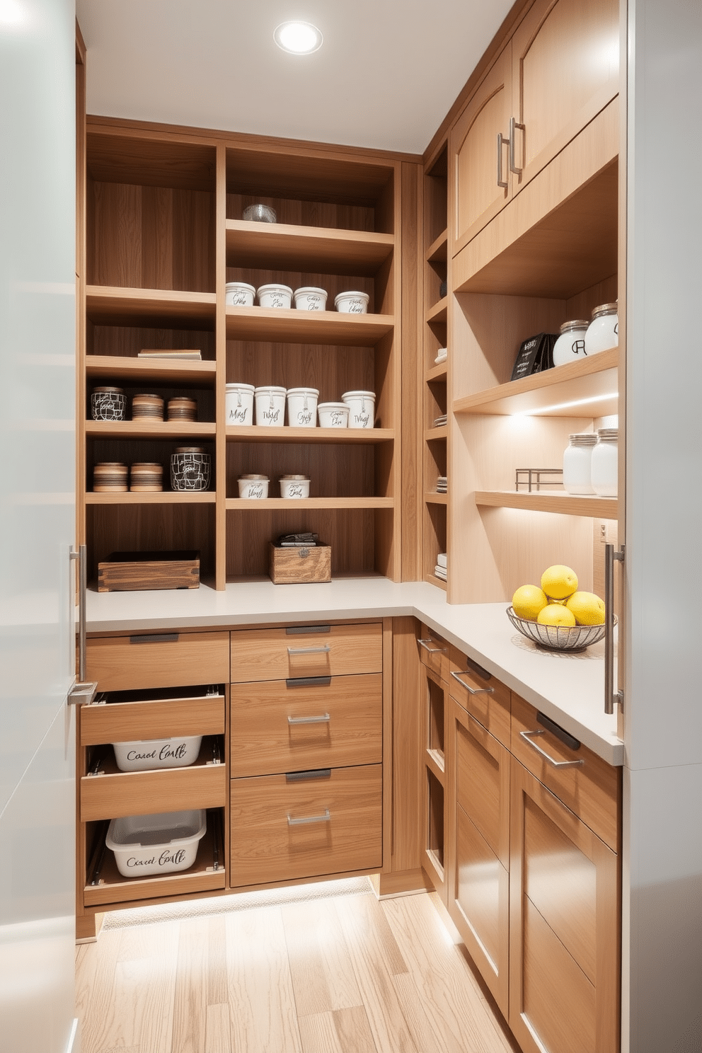 A custom-built pantry features sleek cabinetry with a combination of open shelving and closed storage for a personalized organization system. The design incorporates a neutral color palette with warm wood accents, ensuring a functional yet inviting space for food storage and meal prep. The pantry includes pull-out drawers and labeled containers for easy access, complemented by under-shelf lighting that highlights the neatly arranged items. A small countertop area provides additional workspace, adorned with decorative jars and a stylish fruit bowl for a touch of charm.