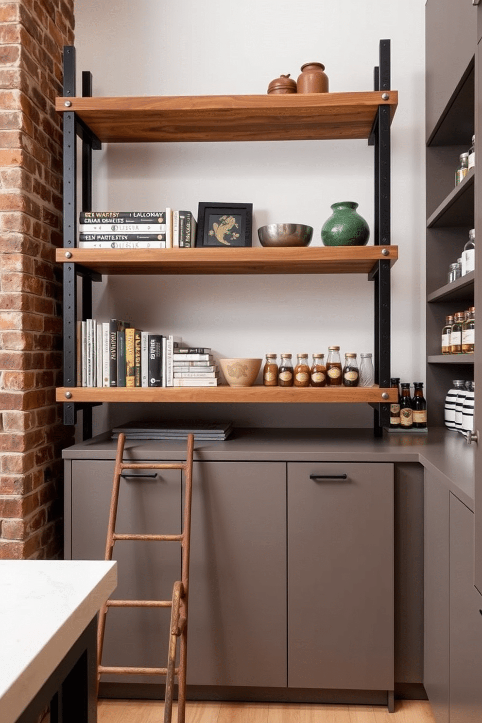 A striking industrial-style shelving unit features raw wooden shelves supported by sleek black metal brackets, creating a bold contrast against the exposed brick wall. Below, a vintage ladder leans against the shelves, adding character and providing easy access to the carefully curated collection of books and decorative items. The modern pantry design showcases sleek cabinetry with a matte finish and minimalist hardware, maximizing storage while maintaining a clean aesthetic. Open shelving displays beautifully arranged jars and spices, complemented by under-shelf lighting that highlights the pantry's organized elegance.