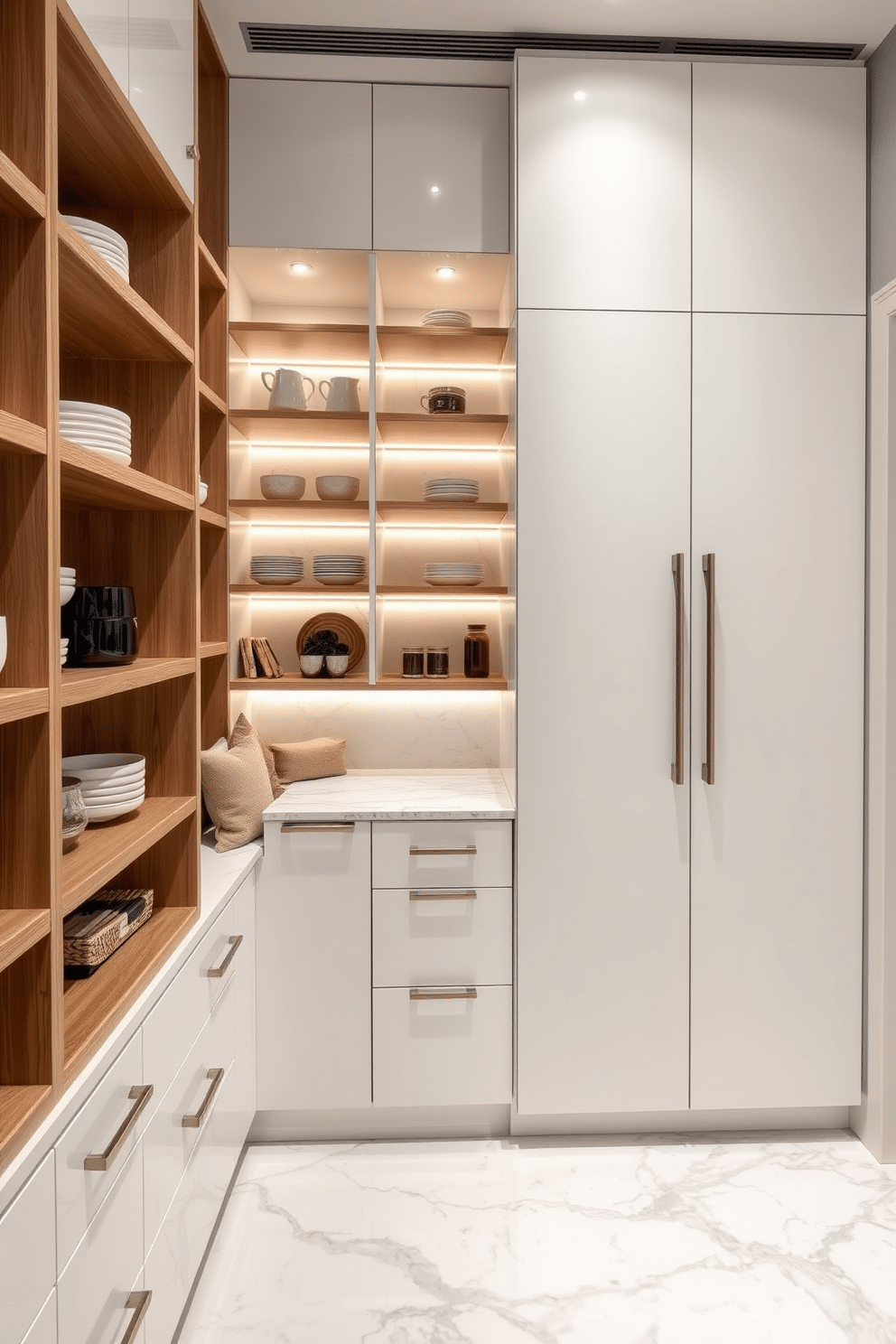 A modern pantry design featuring sleek marble countertops that exude luxury and sophistication. The cabinetry is a blend of matte white and natural wood, creating a harmonious balance between elegance and warmth. Open shelving displays carefully curated kitchenware, while under-cabinet lighting highlights the beautiful textures of the marble. A cozy seating nook with plush cushions invites relaxation, making the pantry a multifunctional space.