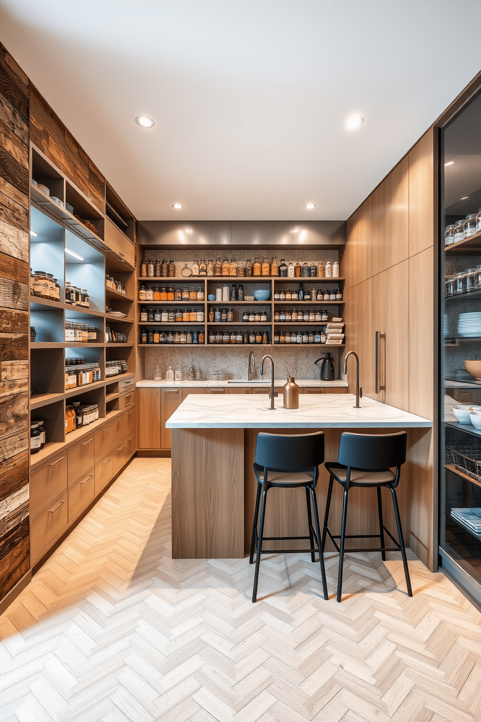 A modern pantry with textured finishes that enhance visual interest. The walls are clad in a combination of reclaimed wood and sleek metal panels, while open shelving displays an array of colorful jars and spices. The floor features a herringbone pattern in light oak, adding warmth to the space. A large island in the center showcases a marble countertop, providing ample workspace and a casual dining area with stylish bar stools.