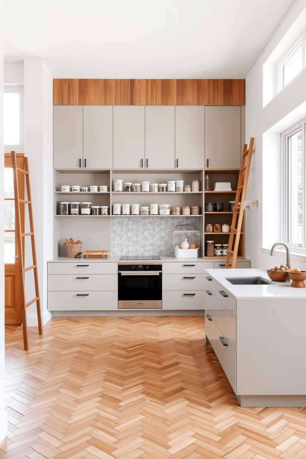 An open concept pantry seamlessly connects to the kitchen, featuring sleek cabinetry with a matte finish and a large island at the center for additional workspace. The walls are painted in a soft white, complemented by warm wood accents, while the floor showcases elegant herringbone tiles for a touch of sophistication. The pantry shelves are organized with clear glass containers, displaying a variety of dry goods, and a stylish ladder leans against the wall for easy access to higher shelves. Natural light floods the space through large windows, creating an inviting atmosphere perfect for both cooking and entertaining.