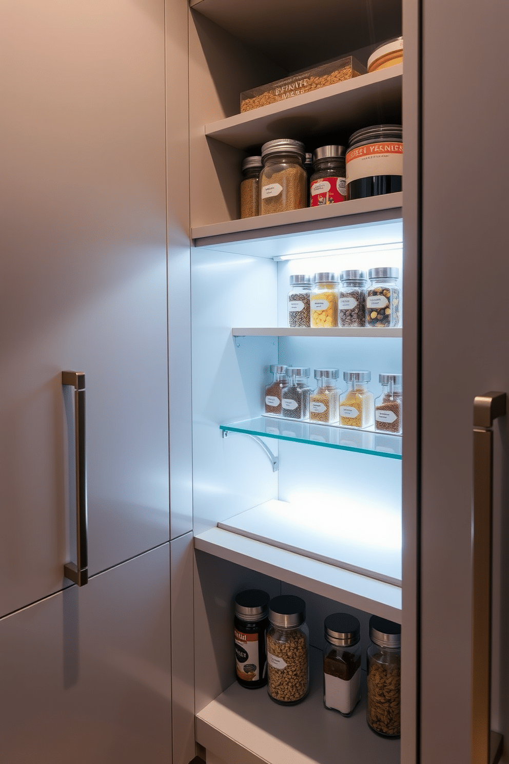 A modern pantry featuring a built-in spice rack for convenience, seamlessly integrated into the cabinetry. The design showcases sleek, minimalist shelves with labeled glass jars, illuminated by soft LED lighting for easy access and a touch of elegance.