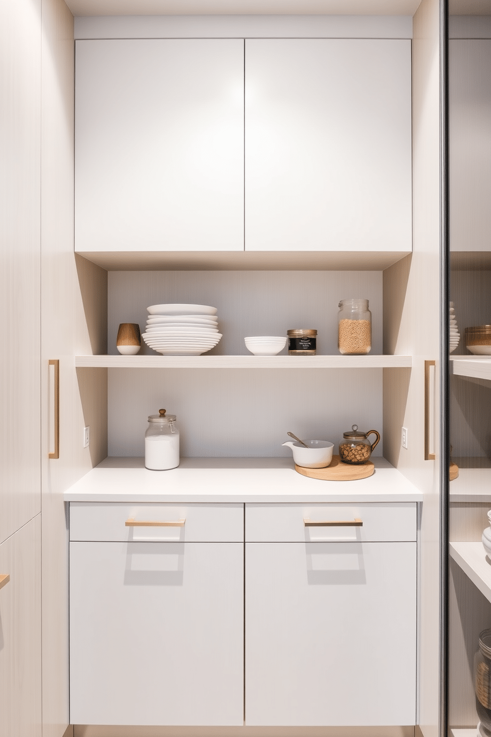 A minimalist pantry featuring sleek cabinetry with smooth, integrated handles. The design showcases open shelving for easy access, complemented by a subtle color palette of soft whites and pale woods.