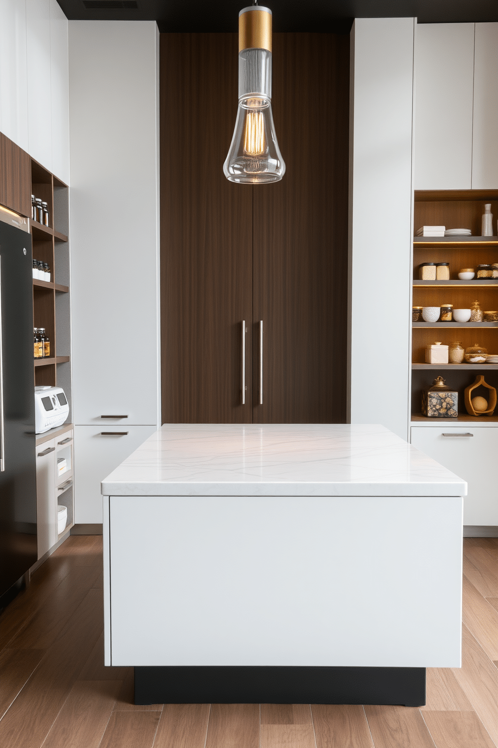 A modern pantry island with a sleek design features a large countertop made of quartz, providing ample prep space for cooking. The island is surrounded by open shelving, showcasing neatly organized jars and kitchen essentials, while a stylish pendant light hangs above to illuminate the area.