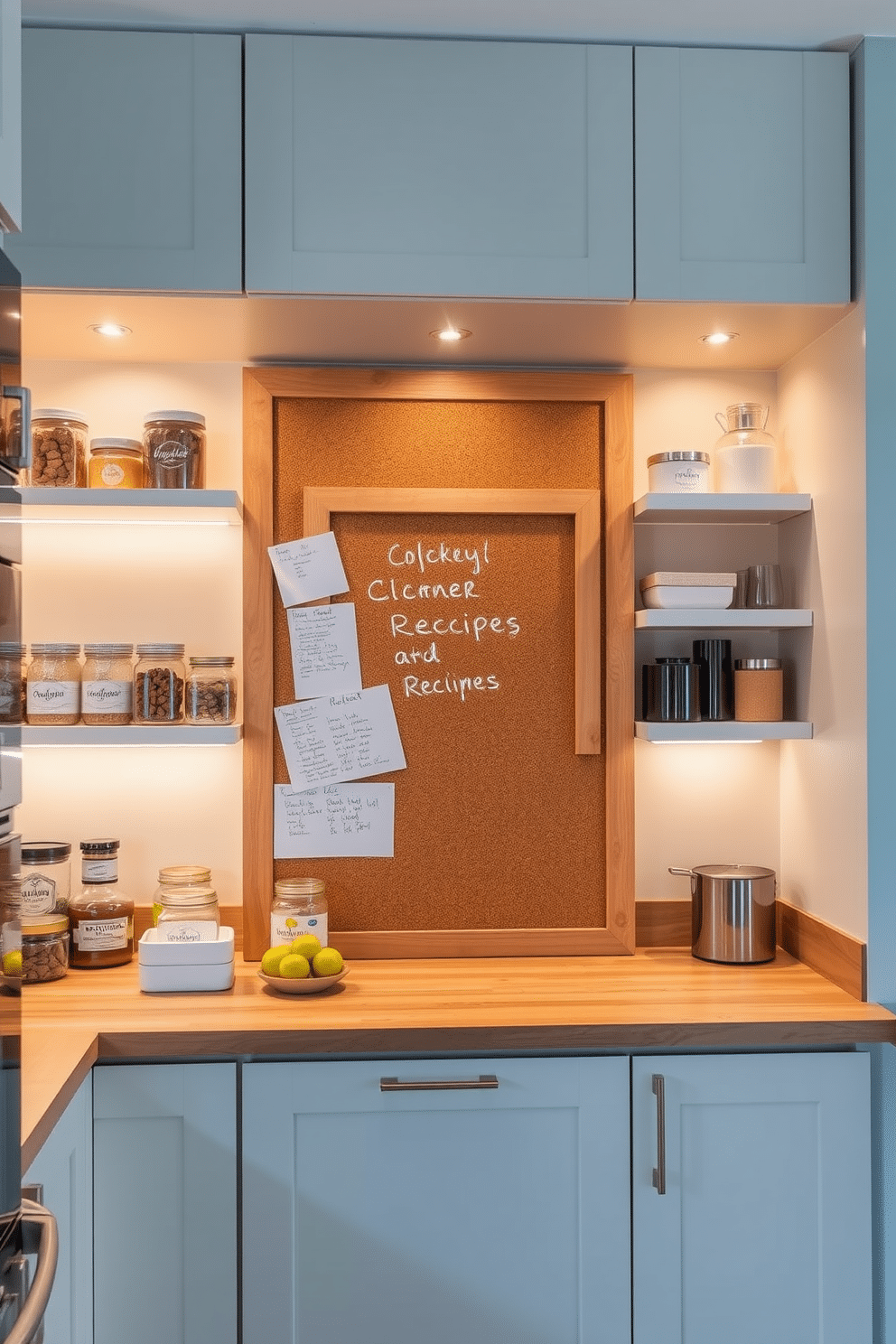 A stylish pantry featuring a corkboard wall for notes and recipes, seamlessly integrated into the design. The space is illuminated by warm LED lighting, highlighting the organized shelves filled with jars and fresh ingredients. The corkboard is framed in natural wood, providing a rustic touch that complements the sleek cabinetry. Soft pastel colors adorn the walls, creating a bright and inviting atmosphere perfect for culinary creativity.