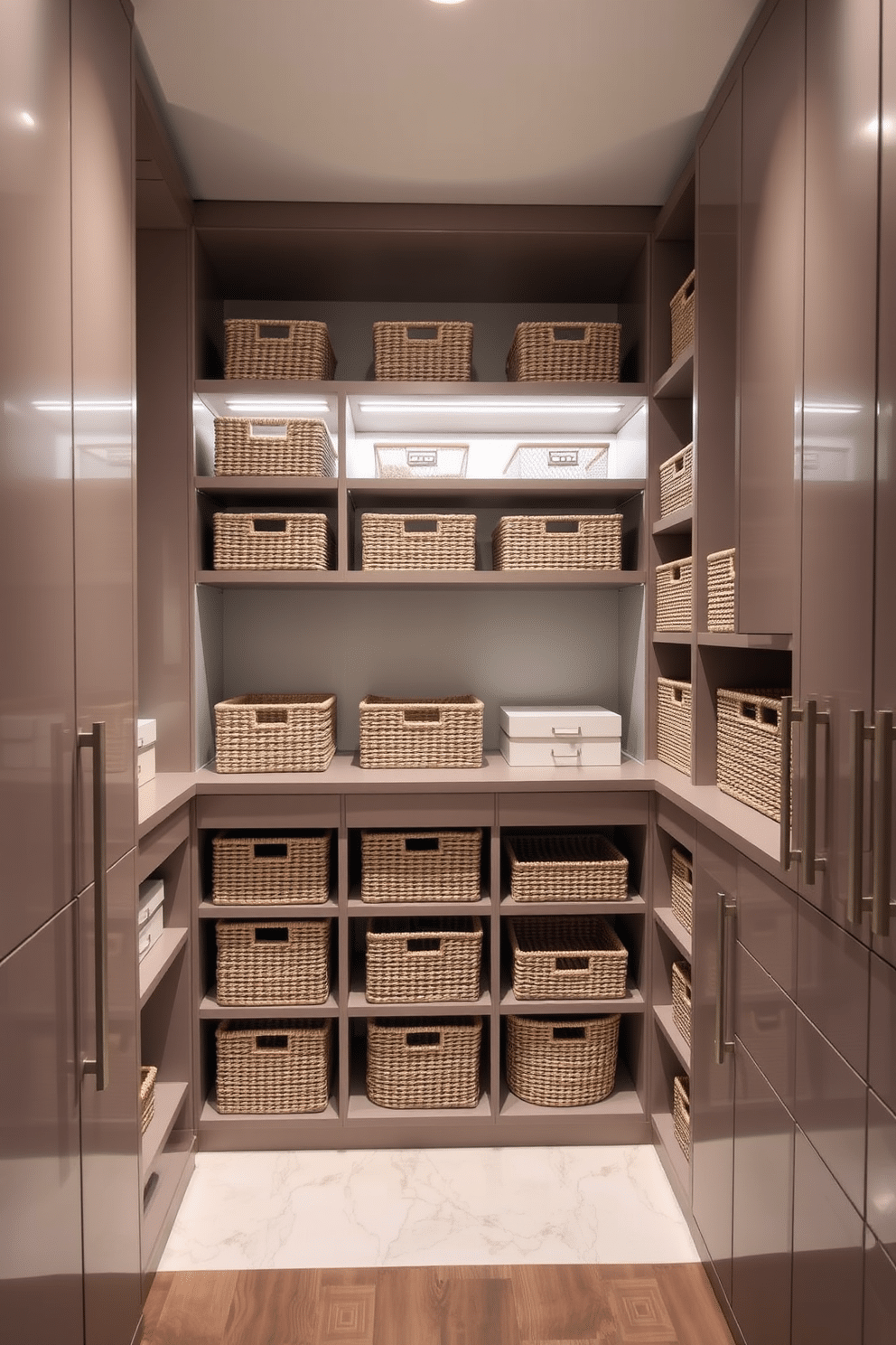 A modern pantry featuring sleek, custom cabinetry with integrated lighting, showcasing an array of stylish baskets and bins for organized storage. The design incorporates open shelving for easy access, with a neutral color palette that complements the contemporary aesthetic.