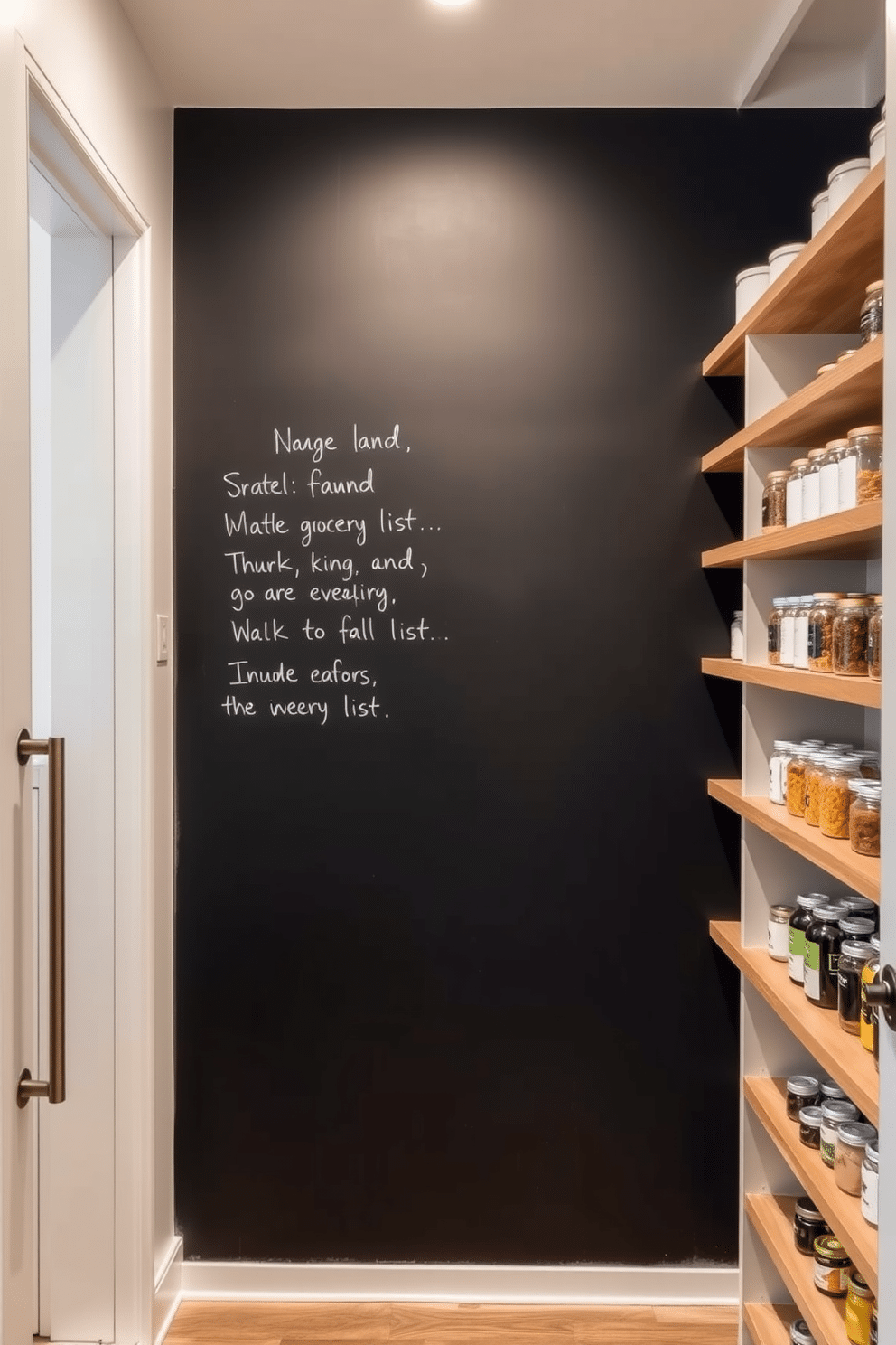 A modern pantry featuring chalkboard paint on one wall, allowing for easy notes and grocery lists. Sleek, minimalist shelving holds an array of jars and containers, complemented by warm wood accents and soft, ambient lighting.