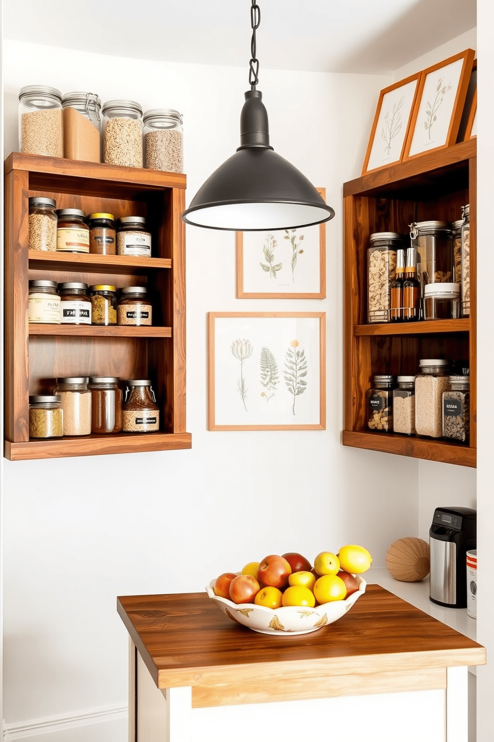 A modern pantry design featuring open shelving made of reclaimed wood, showcasing neatly organized jars and containers filled with grains and spices. The walls are painted a soft white to create a bright and airy feel, while a stylish pendant light hangs above a small wooden island for additional workspace. Incorporate personalized artwork by displaying framed prints of botanical illustrations on the walls, adding a touch of nature to the space. A decorative ceramic bowl filled with fresh fruits sits on the island, enhancing both aesthetics and functionality.