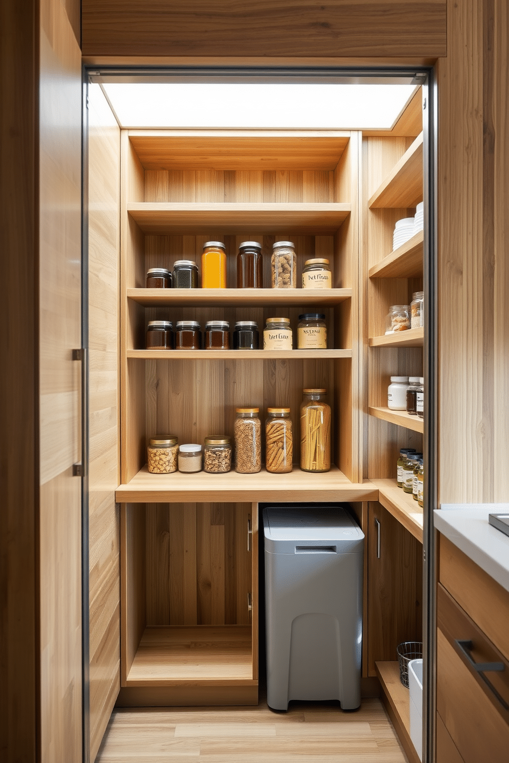 A modern pantry design featuring eco-friendly materials that emphasize sustainability. The cabinetry is crafted from reclaimed wood with a natural finish, complemented by energy-efficient LED lighting that highlights the space. Open shelving made from bamboo displays neatly organized jars and containers, promoting a minimalist aesthetic. A built-in compost bin is seamlessly integrated, encouraging sustainable practices while maintaining a sleek look.