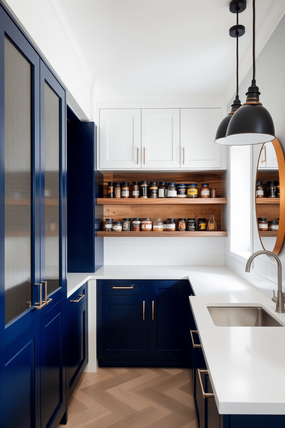 A modern pantry featuring a two-tone color scheme that adds depth and sophistication. The upper cabinets are a soft white, while the lower cabinets are a rich navy blue, creating a striking contrast. The pantry includes open shelving made of reclaimed wood, showcasing neatly organized jars and spices. A sleek countertop provides ample space for meal prep, complemented by stylish pendant lighting overhead.