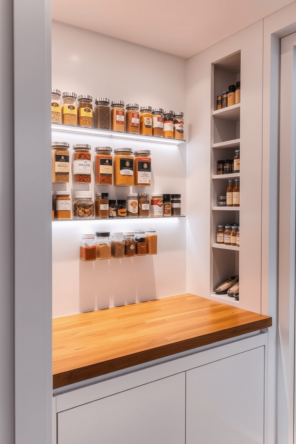 A modern pantry featuring magnetic spice jars mounted on a sleek metallic strip for easy access. The pantry includes open shelving with neatly organized jars, complemented by soft LED lighting to enhance the contemporary aesthetic. The walls are painted in a crisp white, providing a clean backdrop for the vibrant colors of the spices. A stylish wooden countertop serves as a functional workspace for meal prep, while a subtle geometric tile pattern adorns the floor for added visual interest.