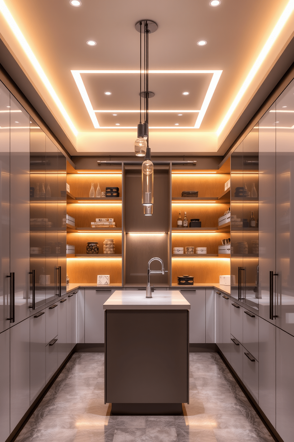 A modern pantry featuring integrated lighting that enhances both ambiance and functionality. The space showcases sleek cabinetry with a minimalist design, illuminated by warm LED strip lights that highlight the organized shelves and countertop areas. The pantry includes open shelving for easy access to frequently used items, complemented by under-cabinet lighting that creates a welcoming glow. A stylish island in the center provides additional workspace, with pendant lights hanging above to add a touch of elegance.