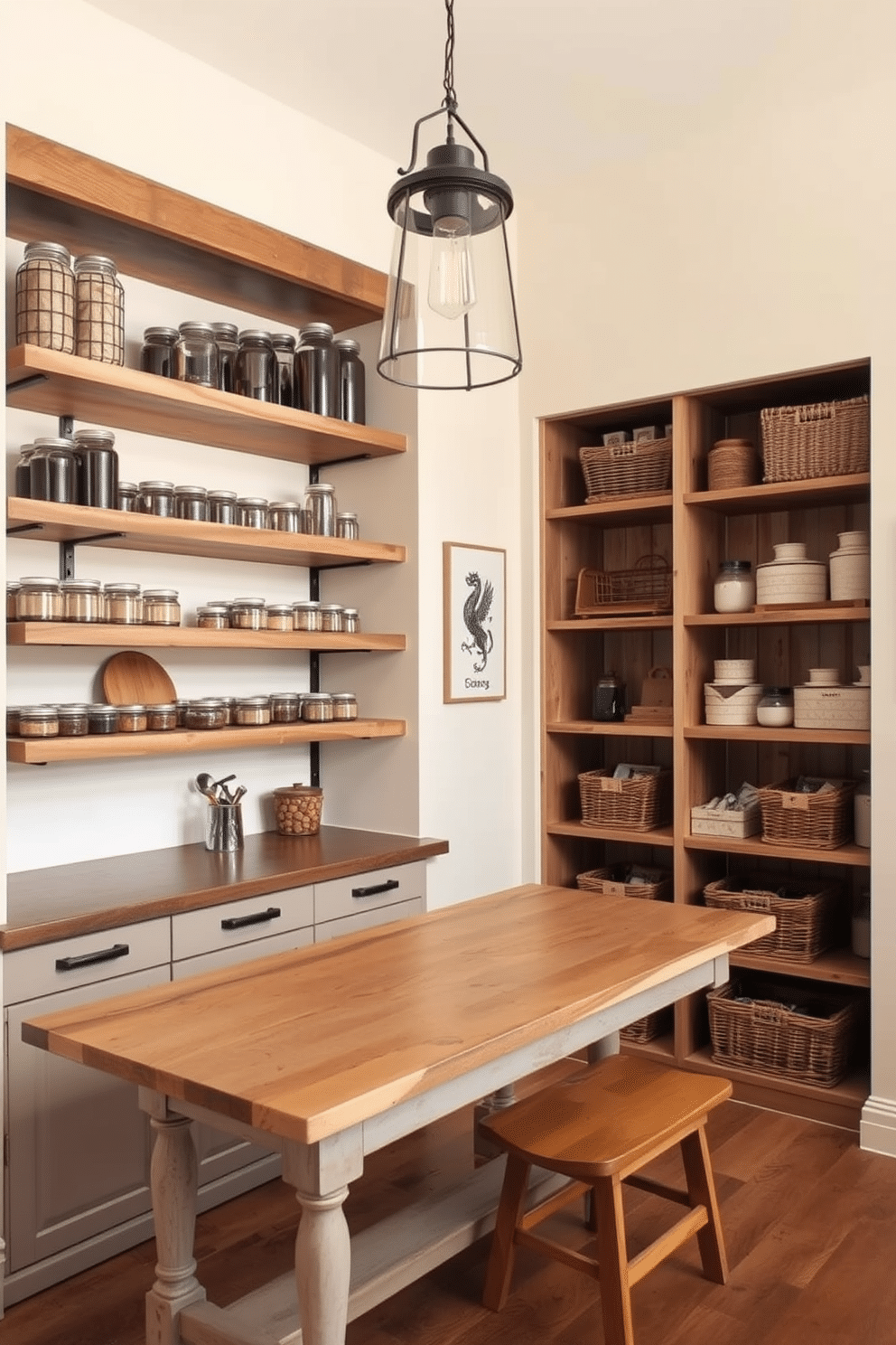 A modern pantry featuring rustic wood accents creates a warm and inviting atmosphere. The shelves are crafted from reclaimed wood, displaying neatly organized jars and baskets, while a farmhouse-style table provides additional workspace. The walls are painted in a soft cream color, complementing the natural wood tones. Pendant lighting with a vintage flair hangs above, casting a cozy glow over the space.