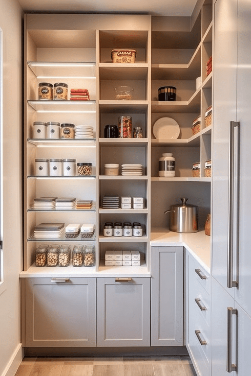 Vertical storage solutions for small spaces feature tall, sleek shelving units that maximize vertical space. These shelves are adorned with neatly organized containers and decorative items, creating a functional yet stylish display. Modern pantry design ideas include streamlined cabinetry with a mix of open and closed storage. The color palette is a blend of soft neutrals and bold accents, complemented by integrated lighting that highlights the organized shelves.