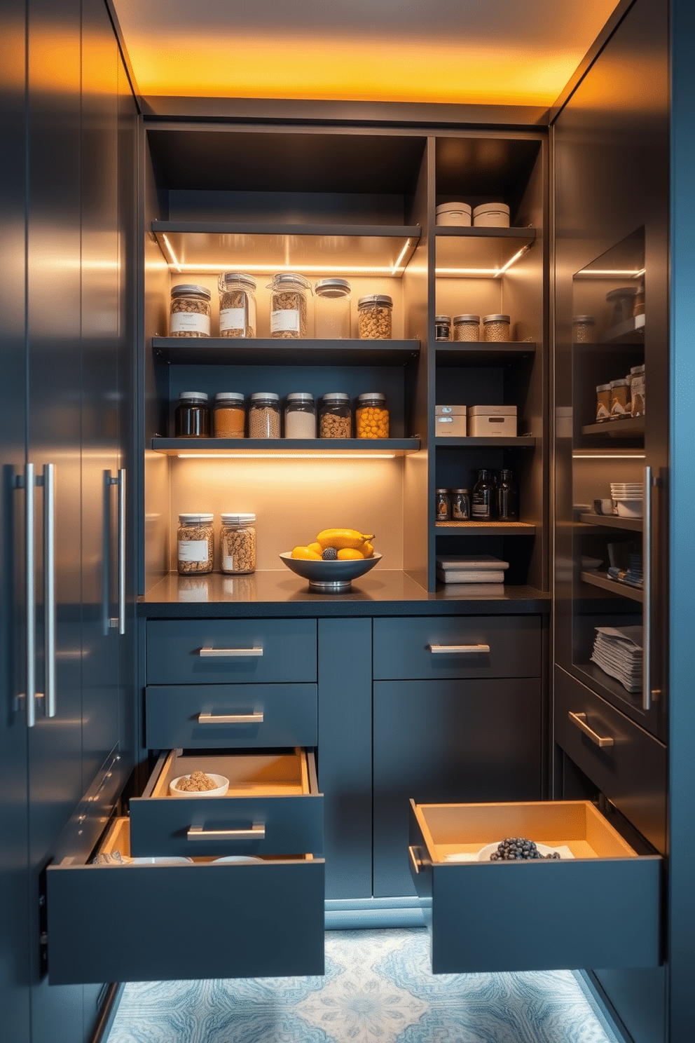 A modern pantry design featuring pull-out drawers for easy access and organization. The cabinetry is sleek with a matte finish, complemented by brushed nickel hardware for a contemporary look. The pantry is illuminated with warm LED lighting, highlighting the neatly arranged shelves filled with jars and containers. A small countertop area is included for meal prep, adorned with a stylish fruit bowl for a pop of color.