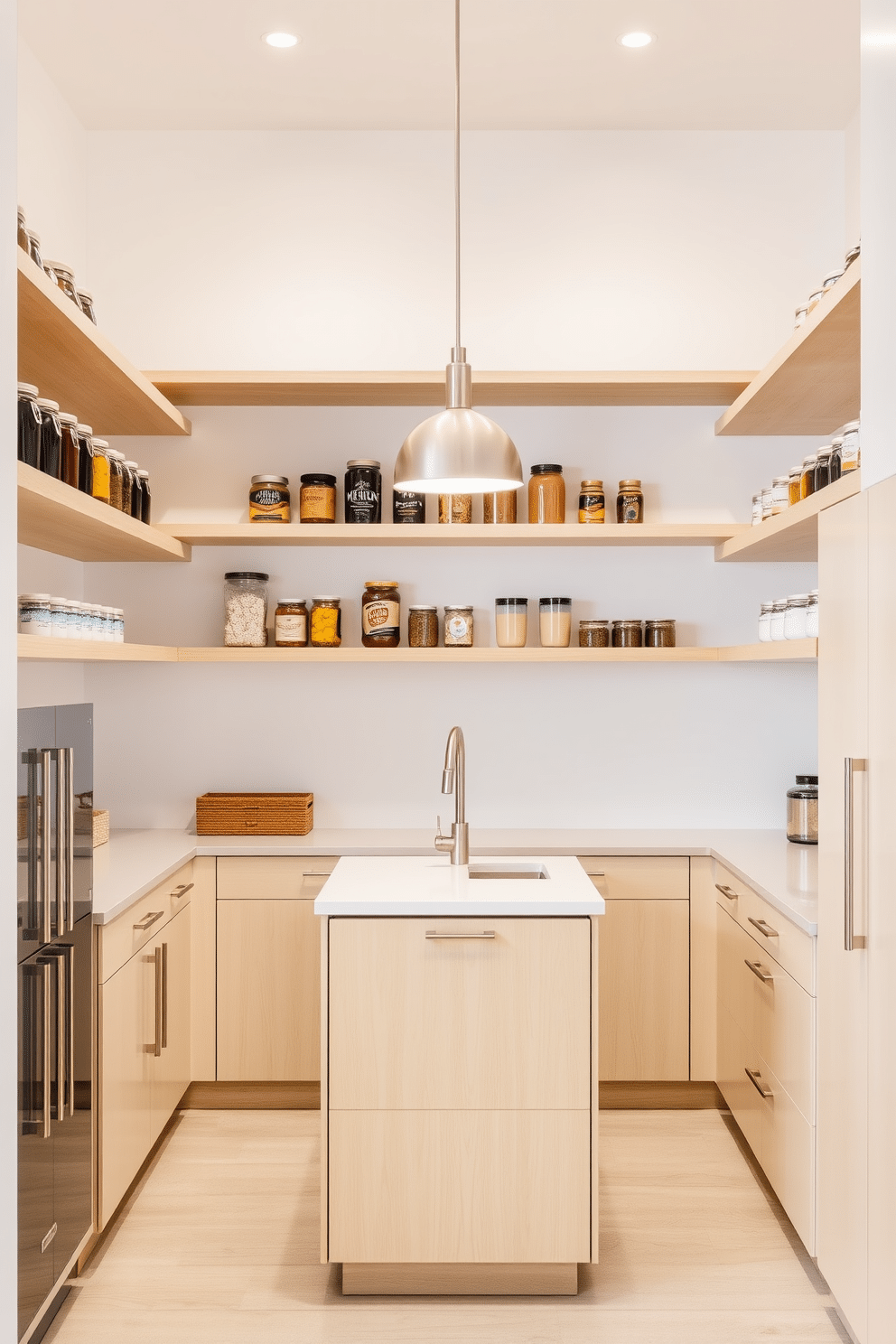 A modern pantry design featuring floating shelves that create an open and airy atmosphere. The shelves are made of light wood, displaying neatly organized jars and containers, while the walls are painted in a soft white to enhance the spacious feel. Incorporate sleek, minimalist cabinetry with stainless steel handles for a contemporary look. A small, stylish island in the center provides additional workspace and storage, complemented by a pendant light overhead for added warmth.