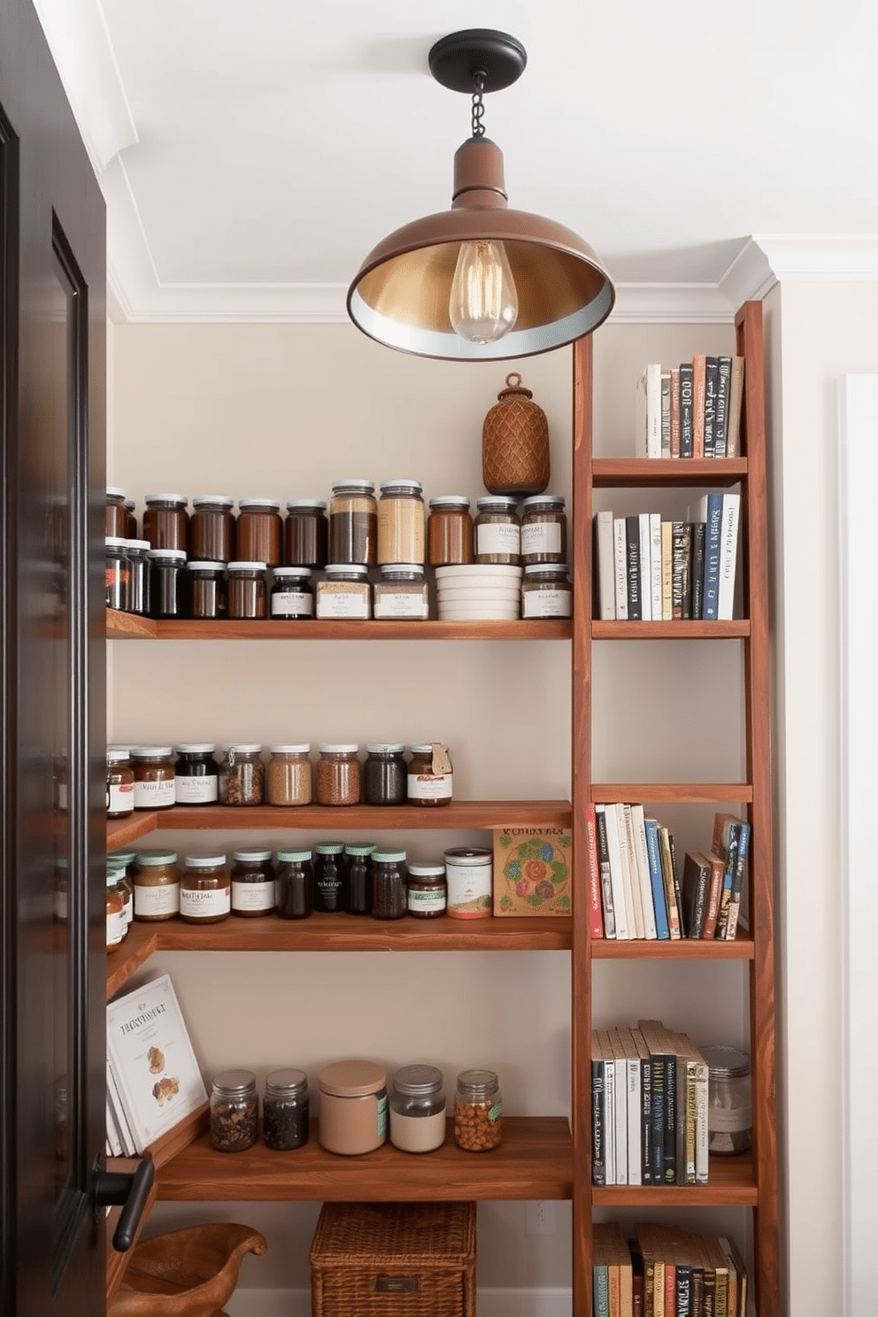 A modern pantry featuring ladder-style shelving creates a unique and functional storage solution. The shelves are made of reclaimed wood and are filled with neatly organized jars, spices, and cookbooks, adding both charm and practicality to the space. The pantry walls are painted in a soft, neutral color to enhance the natural wood tones. A stylish pendant light hangs from the ceiling, providing warm illumination and highlighting the pantry's inviting atmosphere.