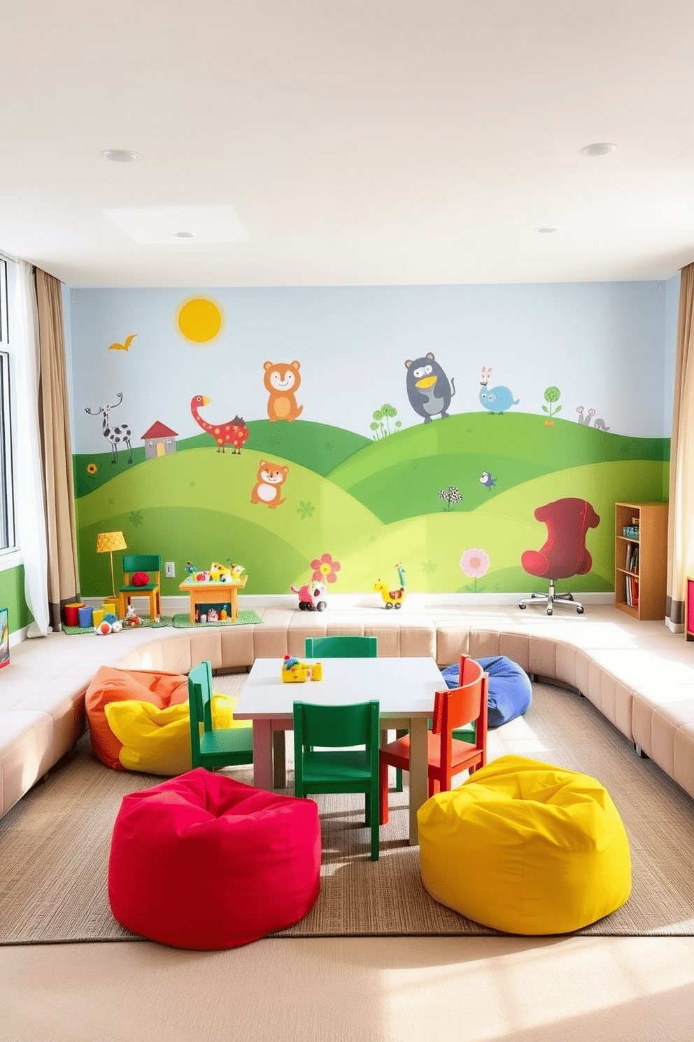 Bright wall murals featuring whimsical characters and vibrant colors create an inviting and playful atmosphere in the modern playroom. Soft, cushioned seating areas with colorful bean bags and a variety of toys encourage creativity and interactive play. The room is filled with natural light, thanks to large windows dressed in light, airy curtains. A low, sturdy table surrounded by child-sized chairs provides a perfect space for arts and crafts activities.