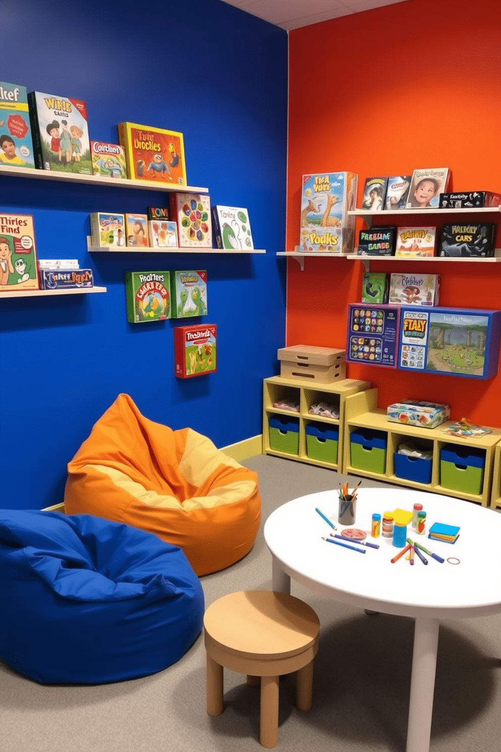 A vibrant playroom featuring wall-mounted games that encourage interactive fun. The walls are painted in bright colors, with shelves displaying various board games and puzzles, creating an engaging and playful atmosphere. The flooring is soft and cushioned, providing a safe space for children to play. Cozy bean bags and a small table with art supplies are arranged in a corner, inviting creativity and relaxation.