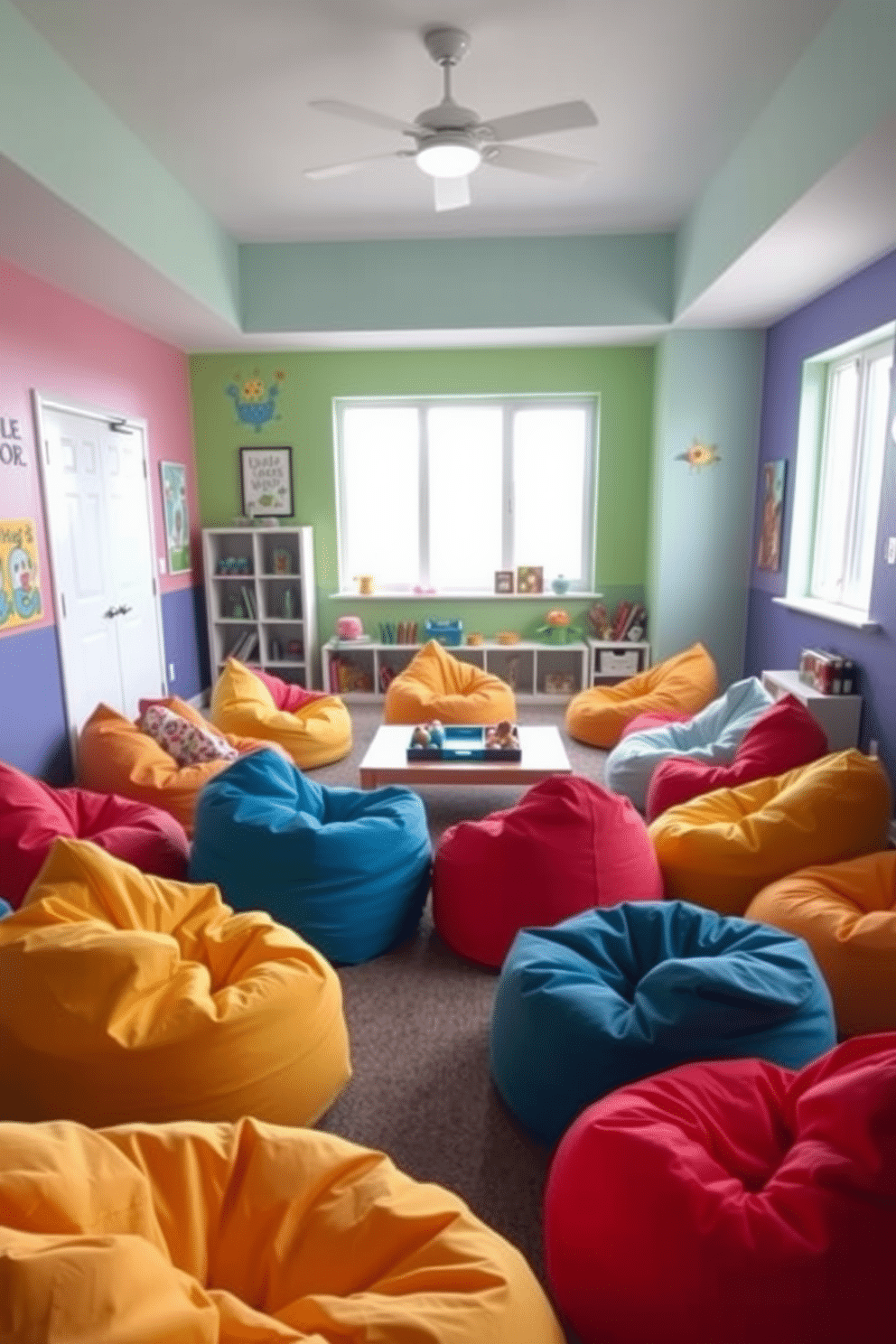 A vibrant playroom filled with colorful bean bags in various shapes and sizes, creating a cozy and inviting atmosphere for children. The walls are painted in bright, cheerful colors, and playful artwork adorns the space, enhancing the playful vibe. Soft, plush bean bags are scattered throughout the room, offering relaxed seating options for kids to lounge and play. A low table in the center provides a space for games and crafts, while a large window allows natural light to flood the room, making it bright and airy.