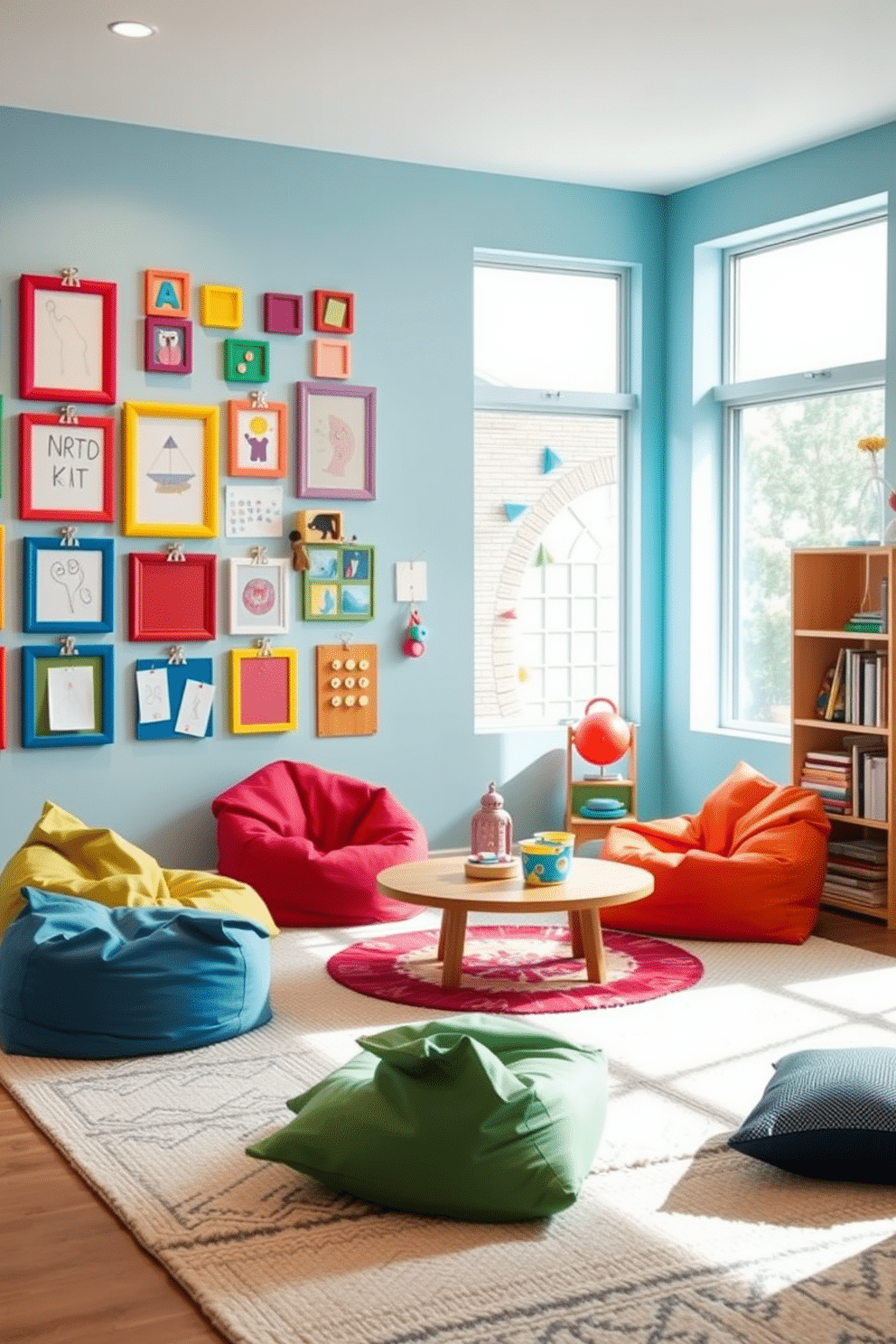 A vibrant art display wall showcases children's creations, featuring a mix of colorful frames and clips that allow for easy rotation of artwork. The wall is painted in a cheerful light blue, providing a bright backdrop that enhances the creativity of the displayed pieces. The modern playroom design incorporates playful furniture, with a low table surrounded by bean bags in various colors. Soft, textured rugs cover the floor, creating a cozy area for kids to sit and play, while large windows allow natural light to fill the space.