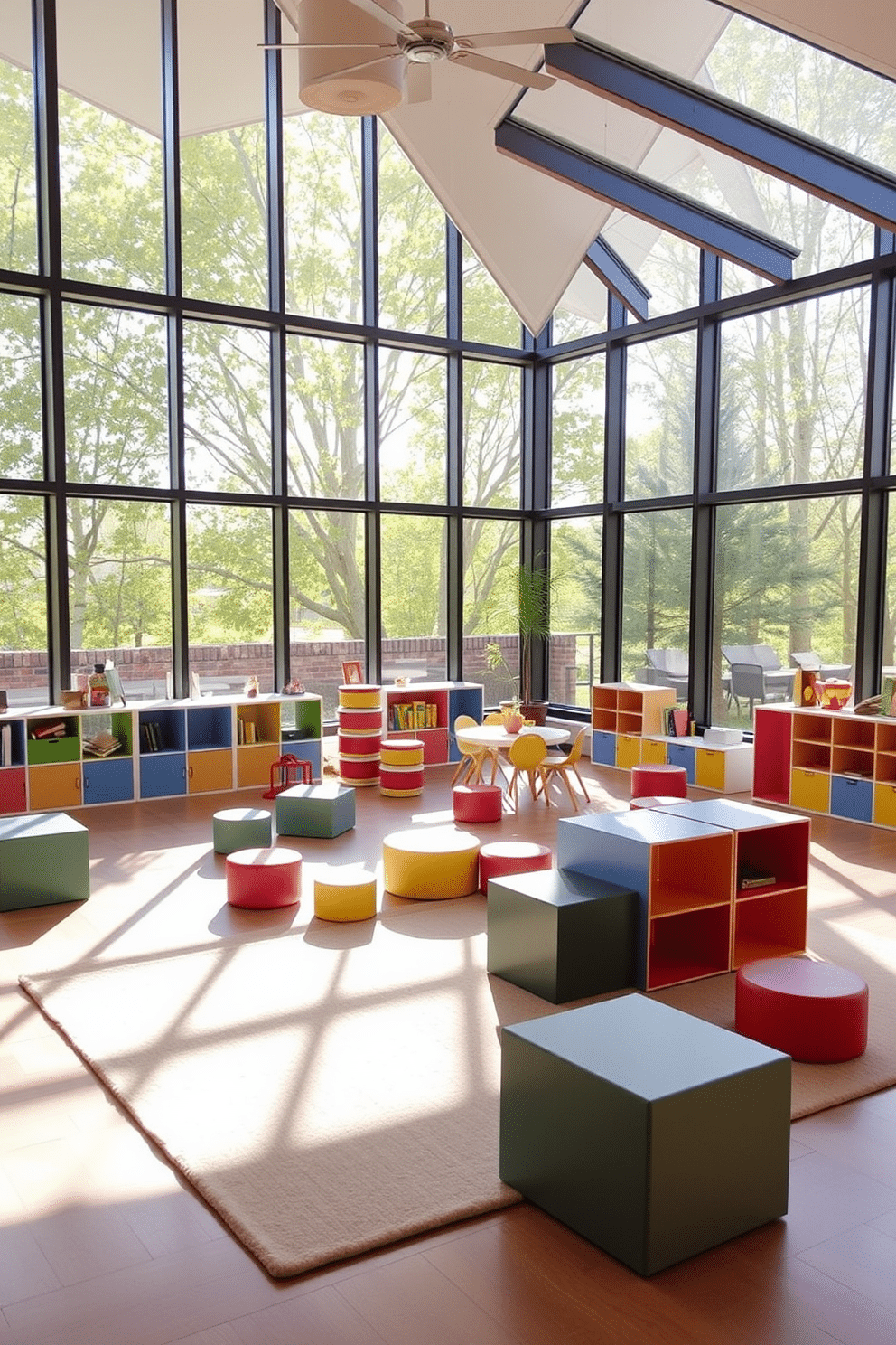 A modern playroom filled with natural light streaming through large, floor-to-ceiling windows. The space features colorful, modular furniture that encourages creativity and play, with a soft area rug for comfort.