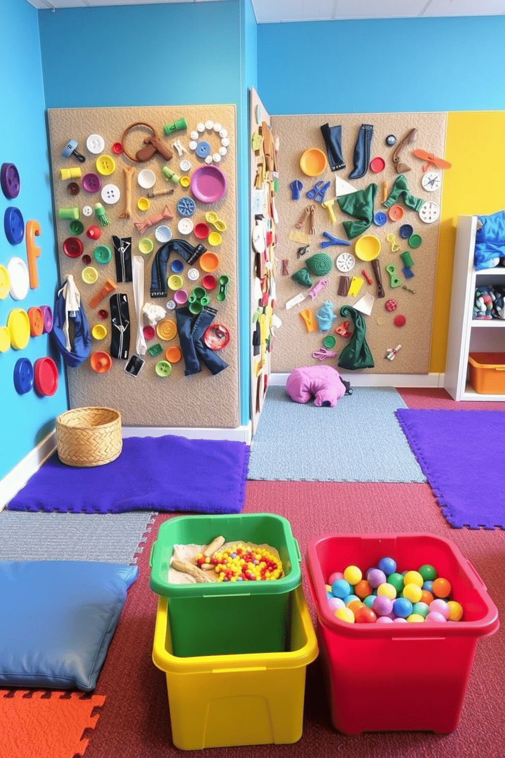 A vibrant sensory play area designed for children, featuring a variety of textured materials that encourage exploration and creativity. The walls are painted in bright colors, and the floor is covered with soft, cushioned mats in different patterns and textures. In one corner, a large sensory wall is equipped with various tactile elements such as buttons, zippers, and fabric swatches. Colorful bins filled with sensory toys, like sand, water beads, and tactile balls, are easily accessible to inspire imaginative play.