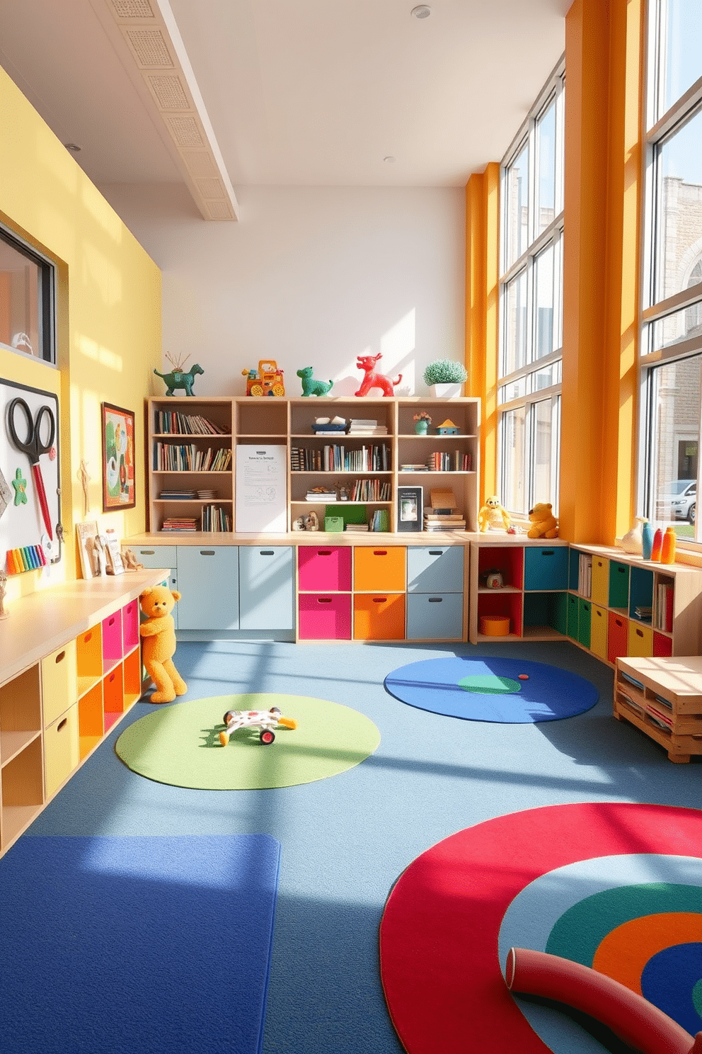 A vibrant play zone designed for creativity and exploration. The area features distinct sections for art, reading, and imaginative play, with colorful rugs delineating each space. Brightly colored storage solutions are incorporated to keep toys organized and accessible. Large windows allow natural light to flood the room, enhancing the cheerful atmosphere.