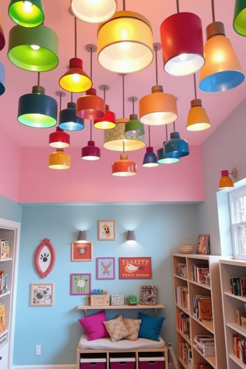 A vibrant playroom filled with bright, playful lighting fixtures that create an inviting atmosphere. The ceiling is adorned with colorful pendant lights in various shapes, while wall sconces in fun designs illuminate the space. The walls are painted in cheerful hues, featuring a mix of soft pastels and bold primary colors. A cozy reading nook with oversized cushions is nestled in one corner, surrounded by shelves filled with books and toys.