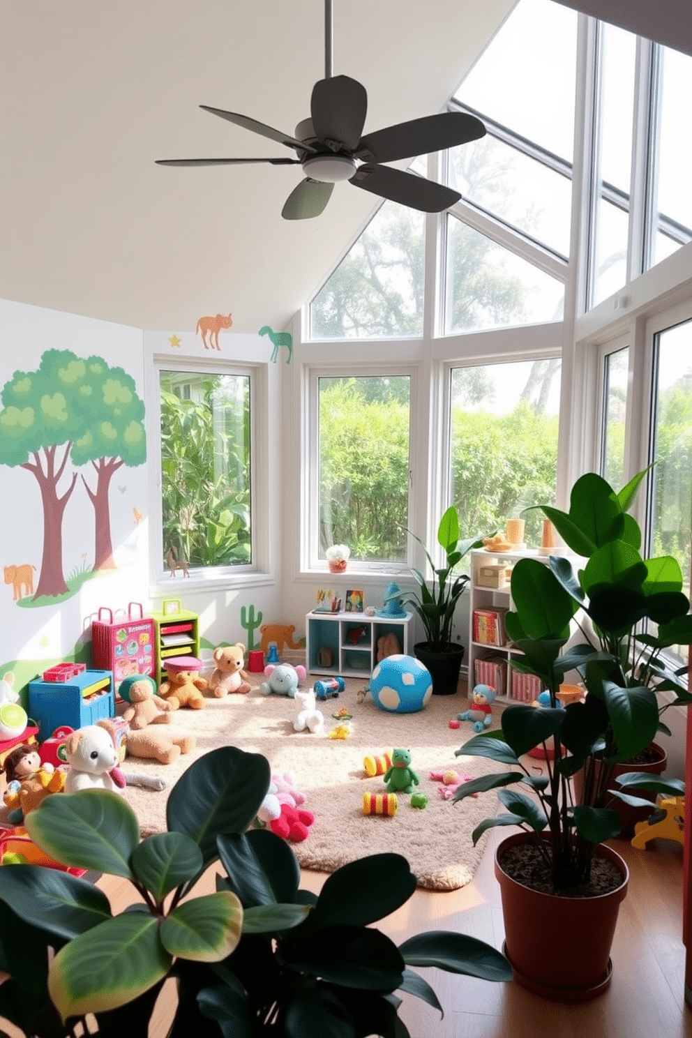 A vibrant playroom filled with natural light, featuring large windows that overlook a lush garden. The space is adorned with colorful wall decals of trees and animals, creating an inviting atmosphere for children. In the center, a soft area rug provides a comfortable play surface, surrounded by an array of plush toys and games. Large potted indoor plants, like fiddle leaf figs and snake plants, are strategically placed to enhance the lively and playful environment.