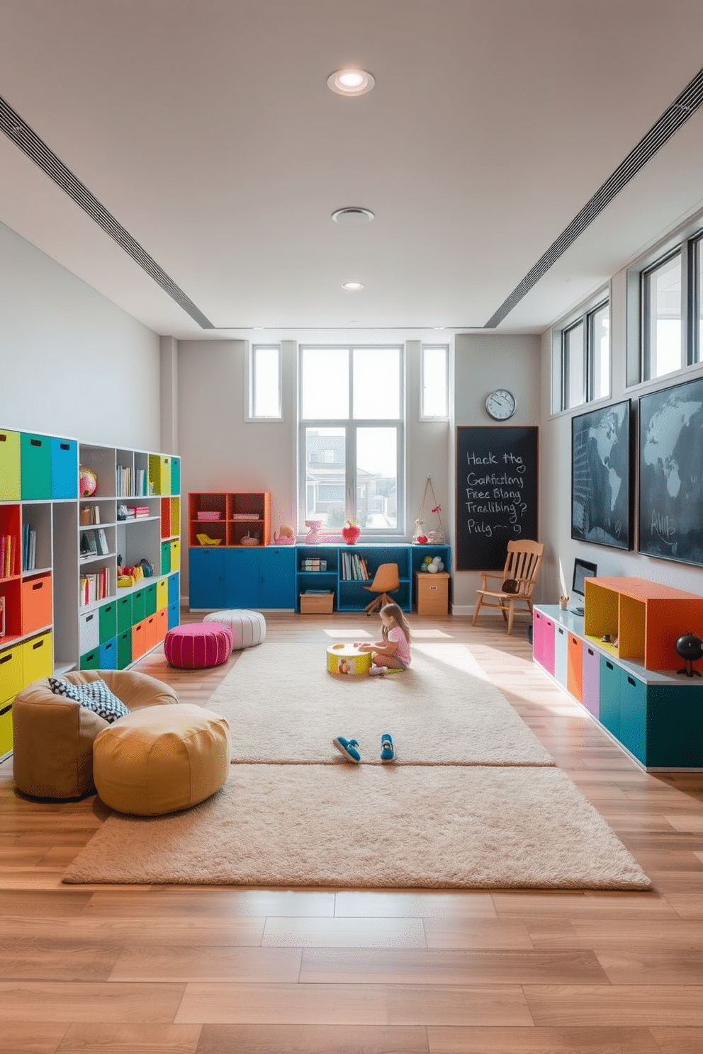 A modern playroom designed for flexibility features modular furniture that can be easily rearranged to accommodate various activities. Brightly colored storage units line the walls, providing ample space for toys and games while a large, soft rug anchors the play area in the center. Incorporating interactive zones, the playroom includes a reading nook with cozy bean bags and a chalkboard wall for creative expression. Large windows allow natural light to flood the space, creating an inviting atmosphere for play and learning.