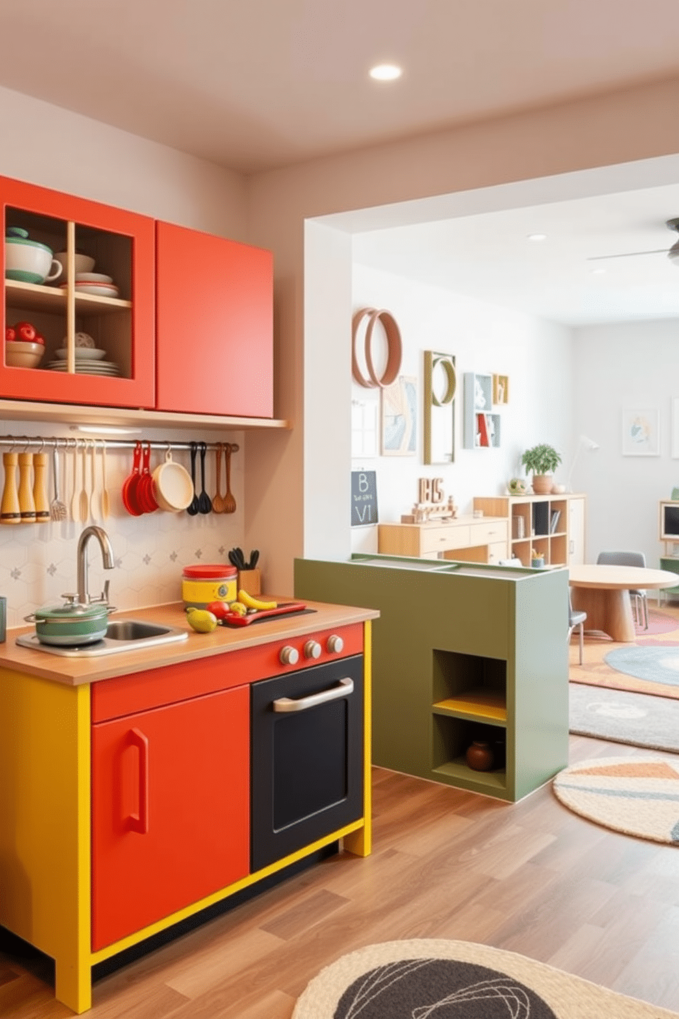 A vibrant play kitchen designed for imaginative role play, featuring a colorful array of play food, utensils, and a miniature stove. The cabinetry is painted in bright primary colors, with a chalkboard surface for kids to write their menus. A modern playroom designed to inspire creativity and fun, with modular furniture that can be rearranged for different activities. The space is filled with soft rugs, playful wall art, and ample storage for toys, creating an inviting atmosphere for children to explore.