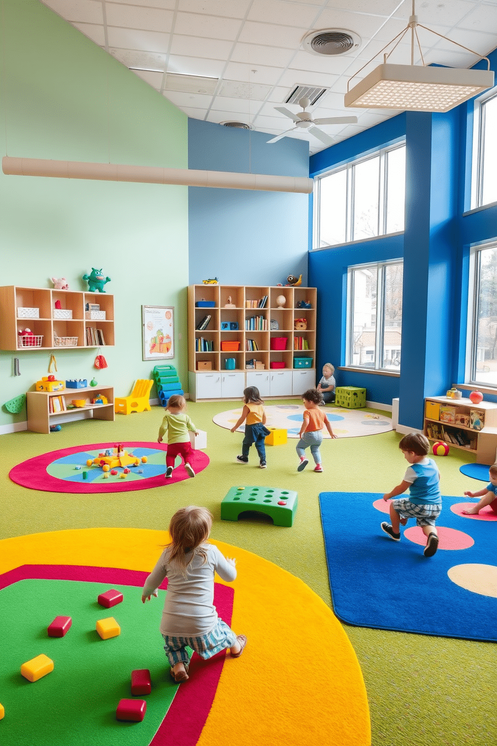 A vibrant playroom filled with interactive floor games encourages movement and creativity among children. Soft, colorful rugs define play areas, while wall-mounted storage keeps toys organized and accessible. The design features bright wall colors and playful decor, creating an inviting atmosphere. Large windows allow natural light to flood the space, enhancing the cheerful environment.