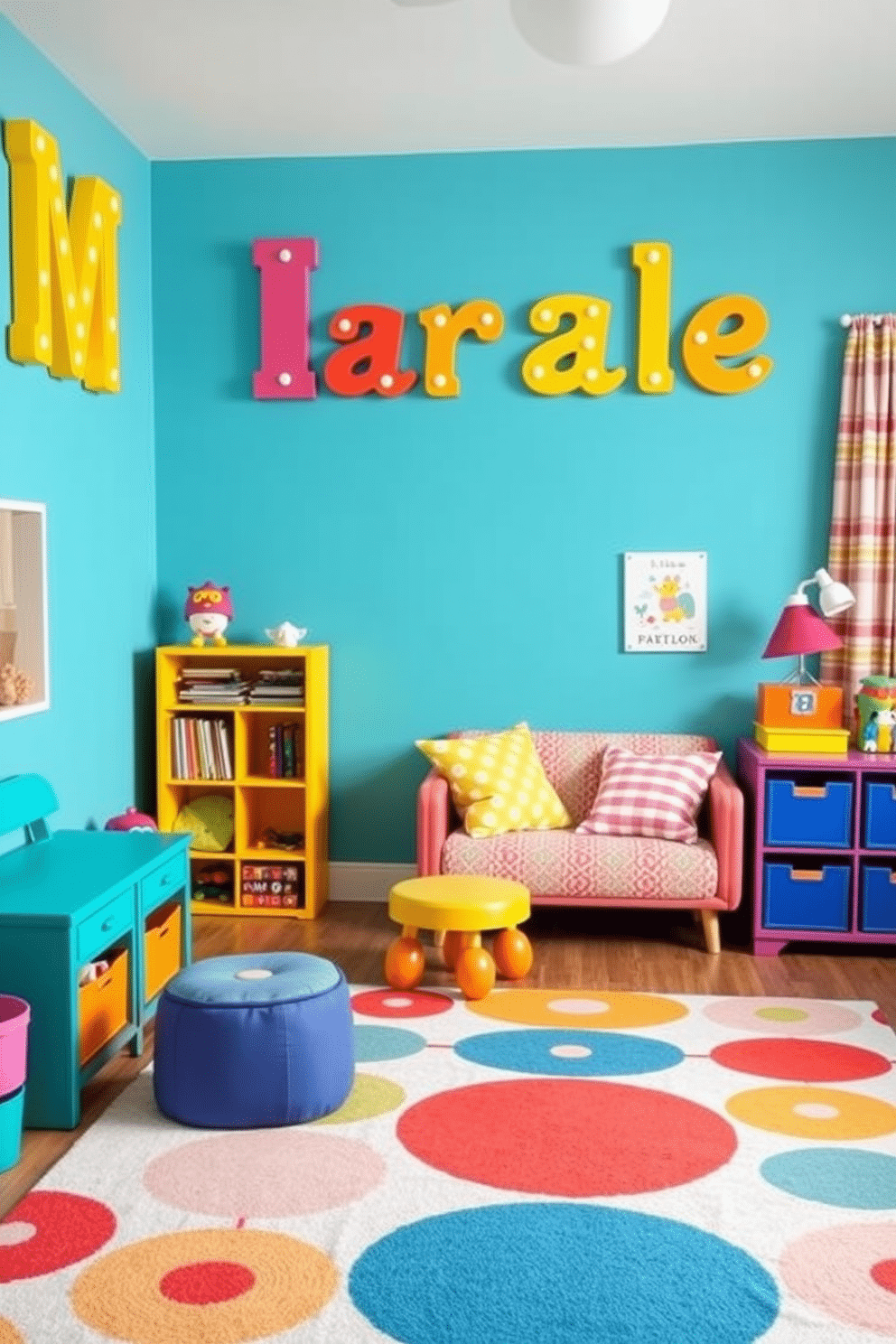 A vibrant playroom filled with colorful furniture and playful decor. The walls are adorned with personalized name wall art featuring bright, cheerful letters, creating a welcoming atmosphere for children. The space includes a cozy reading nook with oversized cushions and a whimsical bookshelf. A large area rug with fun patterns anchors the room, while playful storage solutions keep toys organized and accessible.